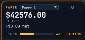 The account panel collapsed to balance, net change and a health bar.