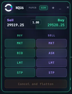 The order ticket collapsed to buy and sell market, bid, ask, limit and stop buttons plus cancel and flatten.