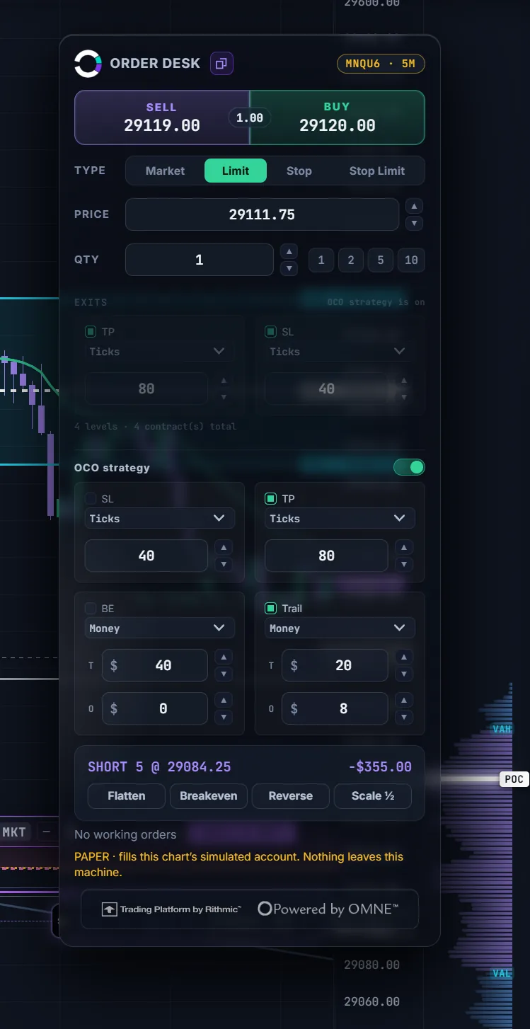 ORBIT's order ticket showing buy and sell market, bid, ask, limit and stop buttons above an OCO bracket builder.